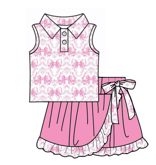 Baby Girls Pink Bows Flowers Button Top Ruffle Skirt Shorts Yoga Clothes Sets Preorder