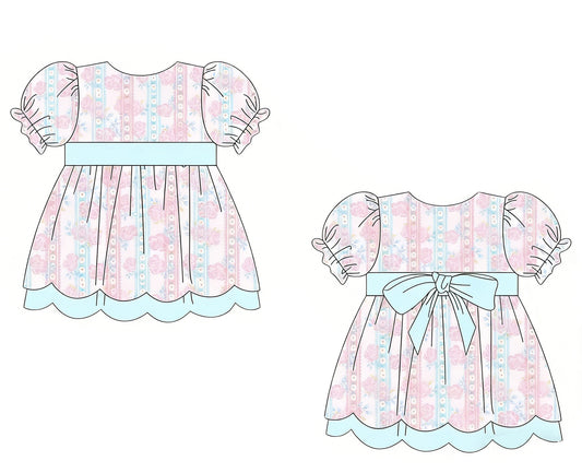 Baby Girls Pink Flowers Stripe With Belt Ruffle Knee Length Dresses Preorder