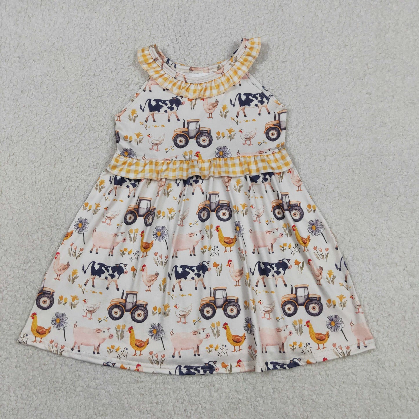 Sibling Baby Girls Pigs Cows Tunic Checked Ruffle Short Farm Clothes Set Rompers