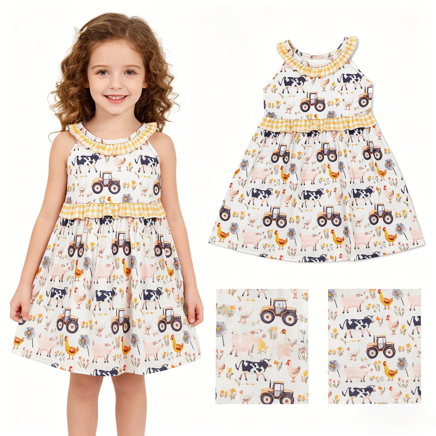 Baby Girls Sleeveless Cows Trucks Farm Knee Length Dresses