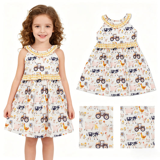 Baby Girls Sleeveless Cows Trucks Farm Knee Length Dresses