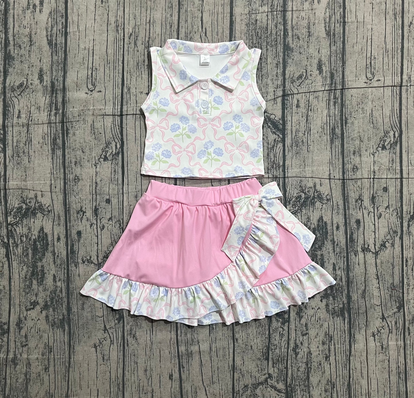 Baby Girls Pink Bows Flowers Checked Button Top Ruffle Skirt Shorts Yoga Clothes Sets Preorder