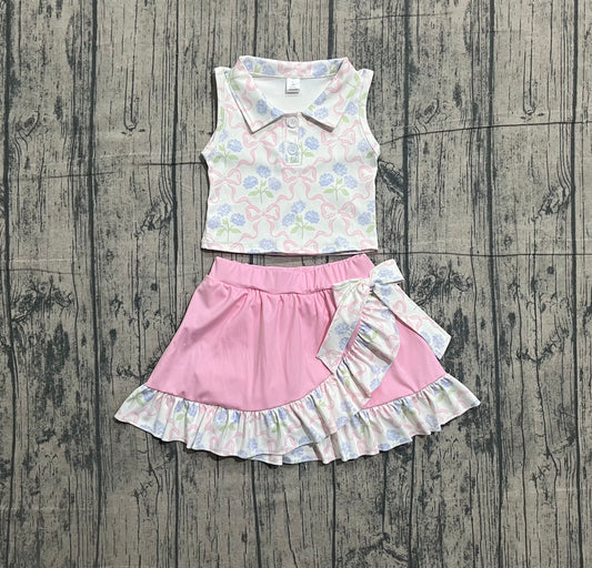 Baby Girls Pink Bows Flowers Checked Button Top Ruffle Skirt Shorts Yoga Clothes Sets Preorder