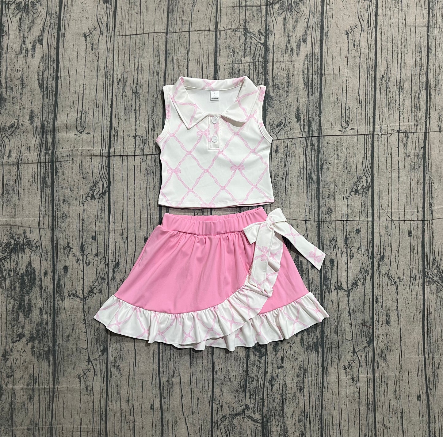 Baby Girls Pink Bows Checked Button Top Ruffle Skirt Shorts Yoga Clothes Sets Preorder