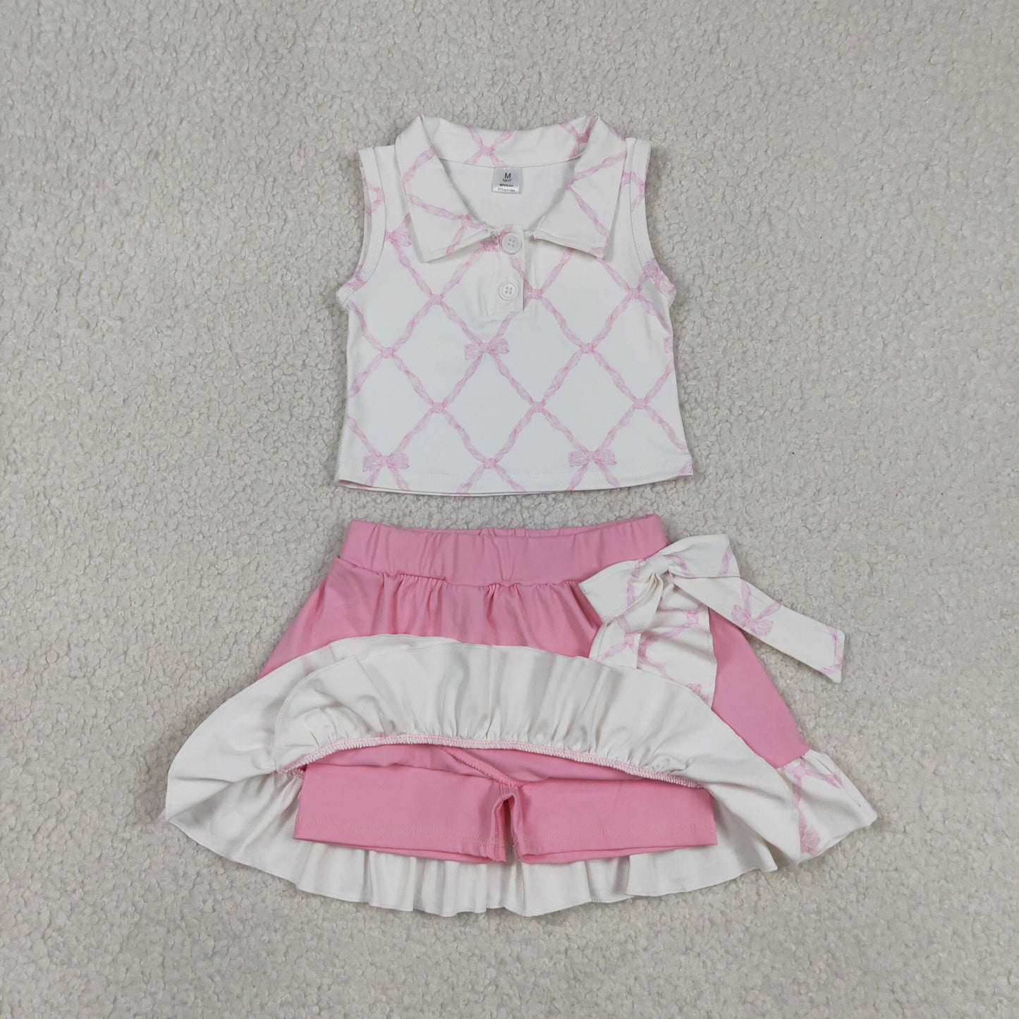 Baby Girls Pink Bows Checked Button Top Ruffle Skirt Shorts Yoga Clothes Sets