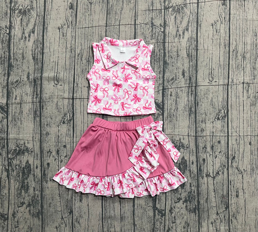 Baby Girls Pink Checked Bows Button Top Ruffle Skirt Shorts Yoga Clothes Sets Preorder