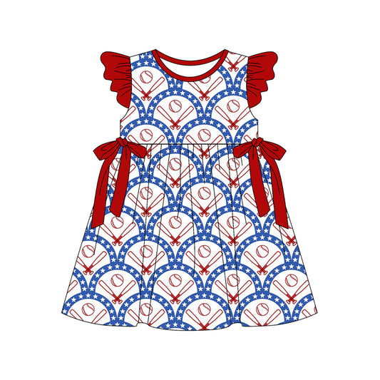 Baby Girls Stars Baseballs Checked Bows Team Knee Length Dresses Preorder