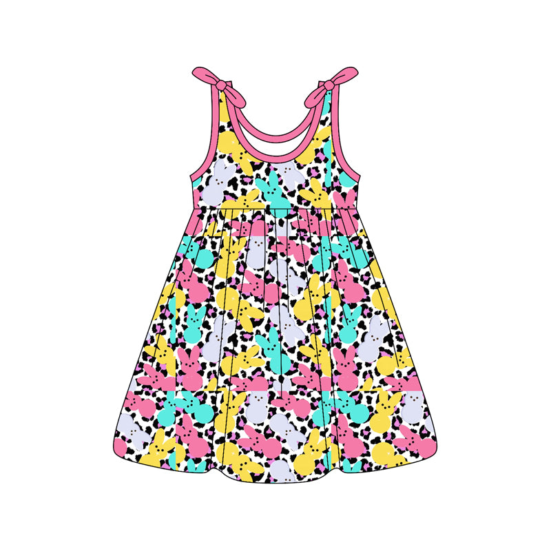 Baby Girls Bows Sleeveless Colorful Rabbits Leopard Easter Knee Length Dresses Preorder