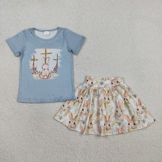 Baby Girls Short Sleeve Crosses Rabbit Top Skirt Shorts Easter Clothes Sets