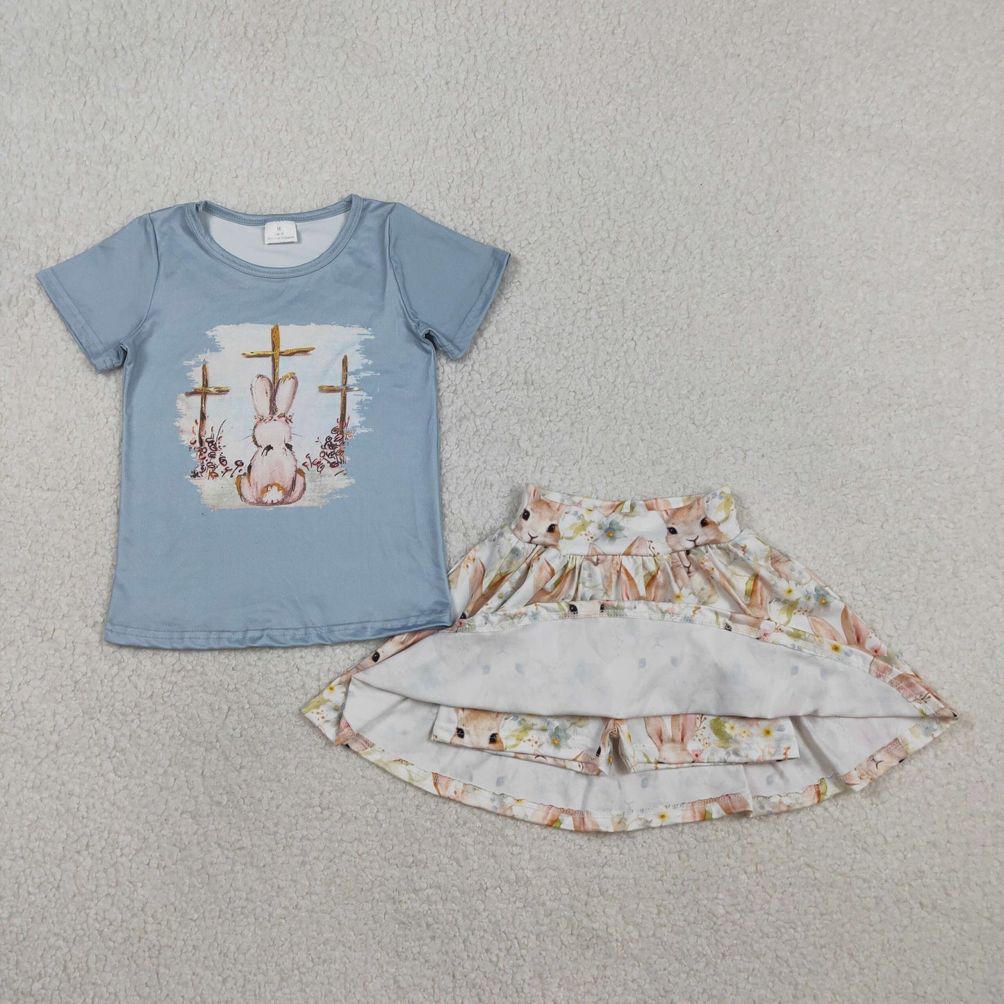 Baby Girls Short Sleeve Crosses Rabbit Top Skirt Shorts Easter Clothes Sets