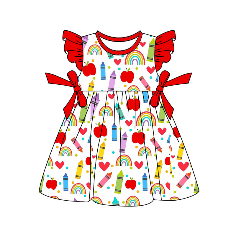 Baby Girls Apples Pencils Bows Back to School Knee Length Dresses Preorder