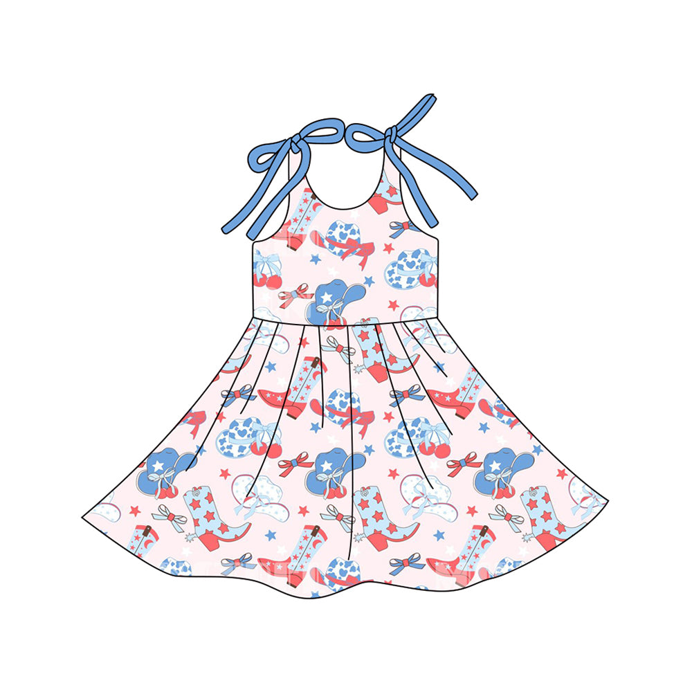 Baby Girls Blue Red Stars Hats 4TH of July Western Knee Length Dresses Preorder