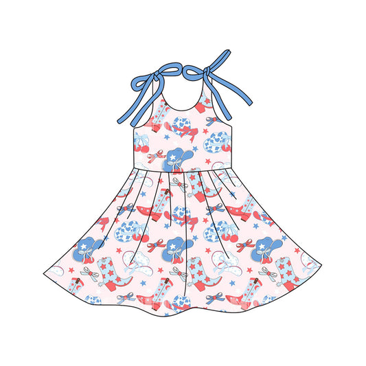 Baby Girls Blue Red Stars Hats 4TH of July Western Knee Length Dresses Preorder