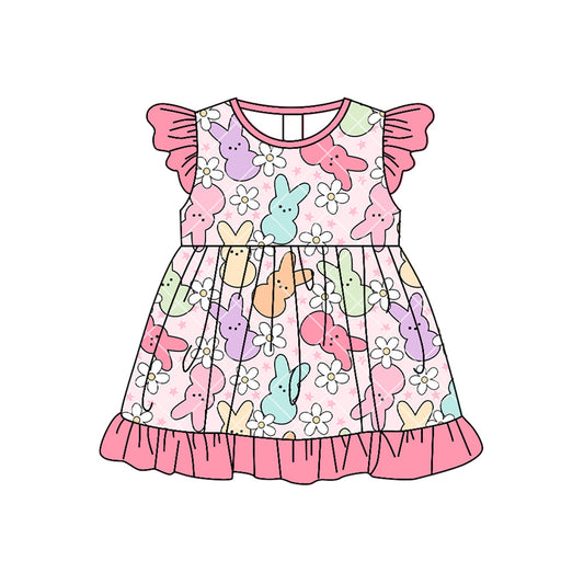 Baby Girls Flowers Rabbits Easter Ruffle Knee Length Dresses Preorder