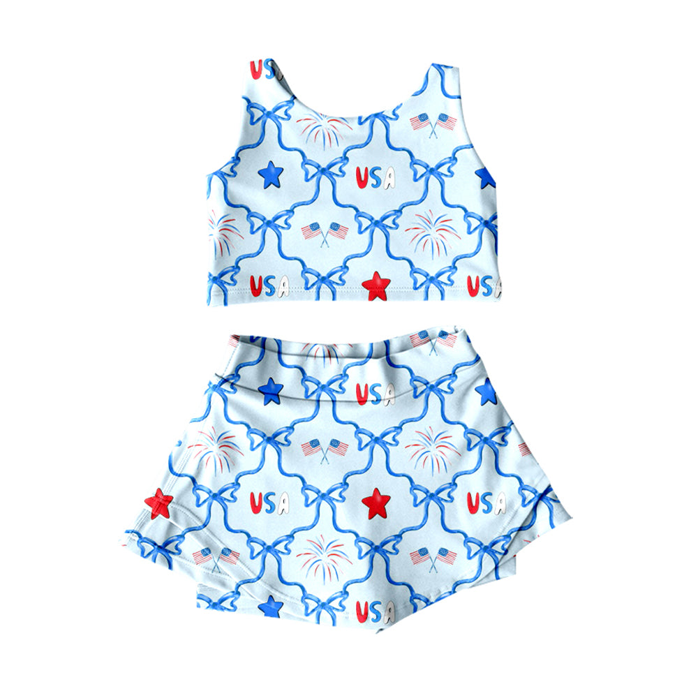 Baby Girls Flags Bows Checked Vest Skirt Shorts 4th of July Yoga Active Clothes Sets Preorder