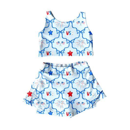 Baby Girls Flags Bows Checked Vest Skirt Shorts 4th of July Yoga Active Clothes Sets Preorder