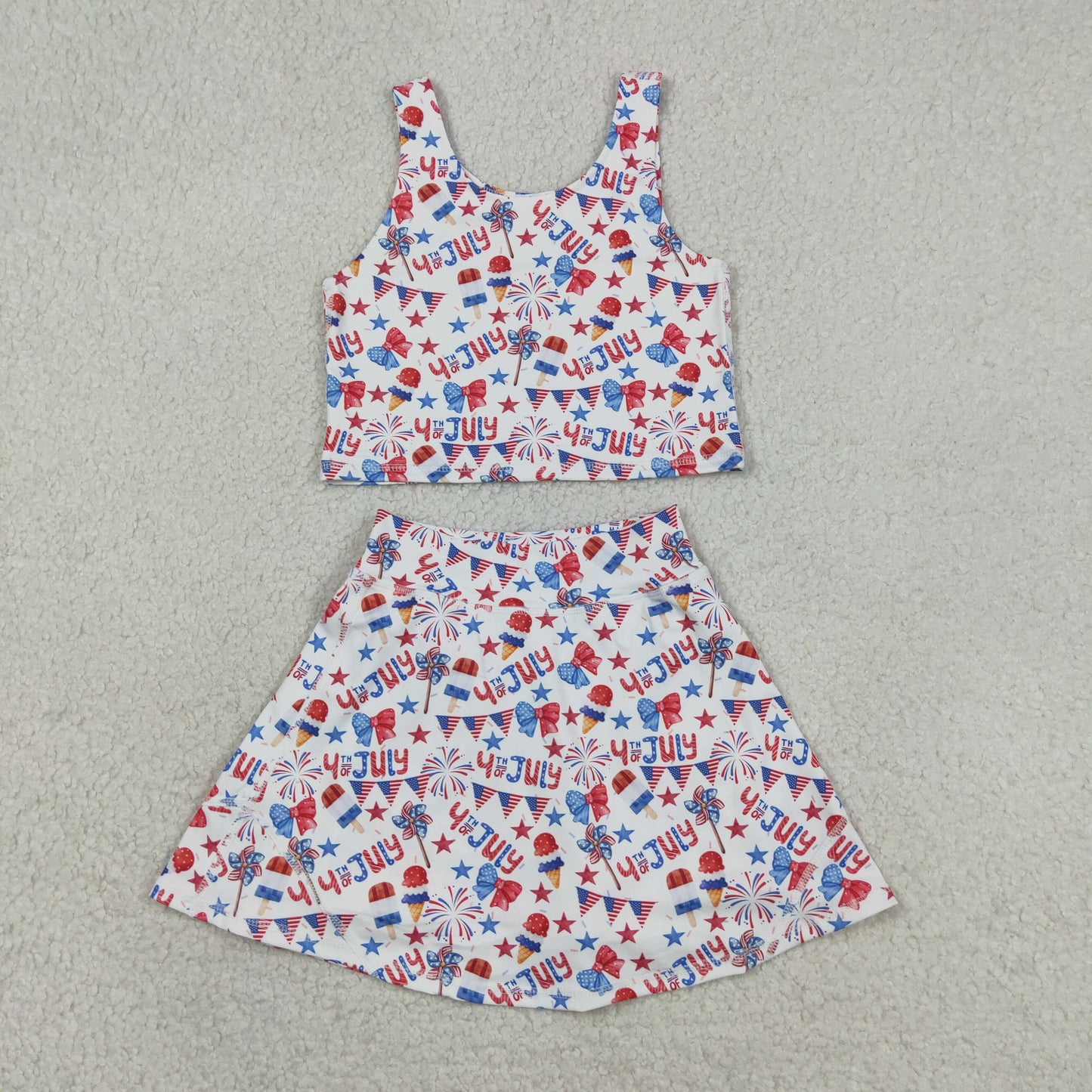 Sibling Baby Girls Flags Bows Vest Top Skirt Shorts 4th of July Yoga Active Clothes Sets