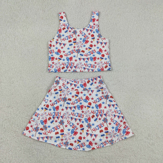 Sibling Baby Girls Flags Bows Vest Top Skirt Shorts 4th of July Yoga Active Clothes Sets