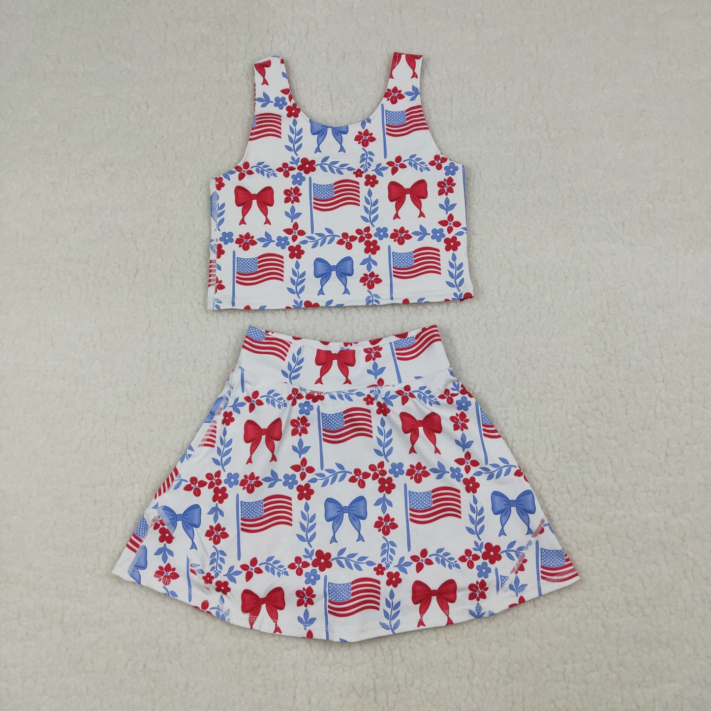 Sibling Baby Girls Flags Bows Vest Top Skirt Shorts 4th of July Yoga Active Clothes Sets
