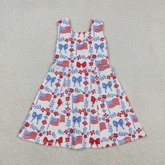 Sibling Baby Girls Flag Flower Bows Checked Pockets Short 4th of July Clothes Set Active Dresses