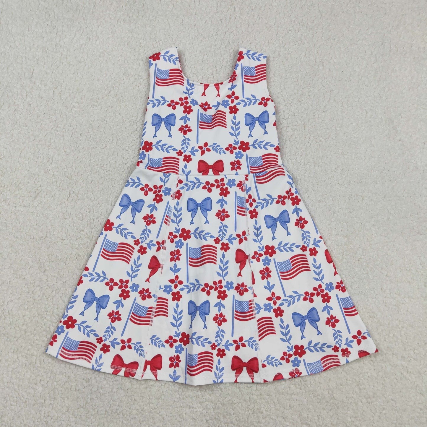 Sibling Baby Girls Red Blue Bows Popsicle 4th of July Yoga Active Shorts Knee Length Dress
