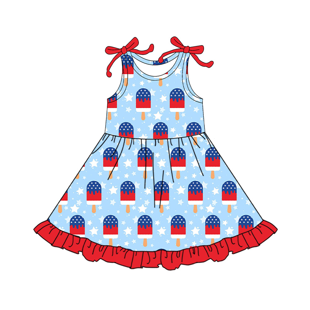 Baby Girls Bows Sleeveless Stars Popsicle 4th of July Ruffle Knee Length Dresses