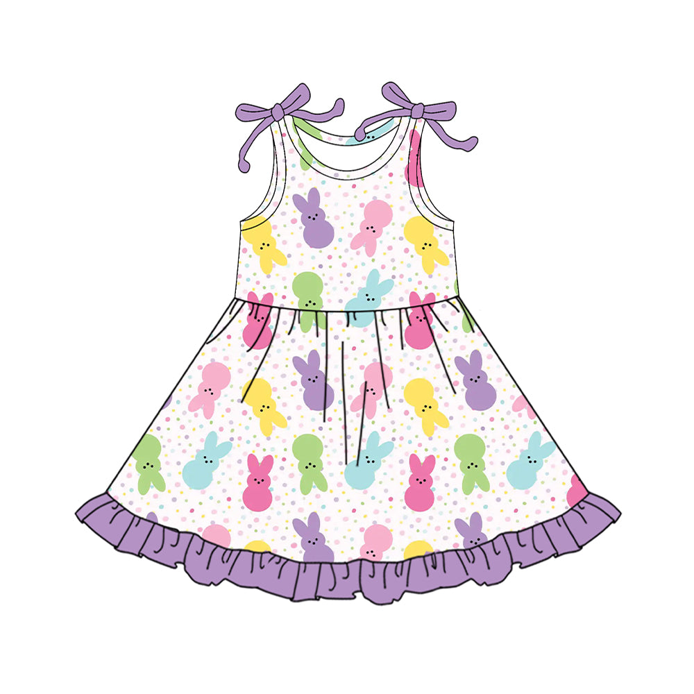 Baby Girls Bows Sleeveless Colorful Rabbits Polka Dots Easter Ruffle Knee Length Dresses