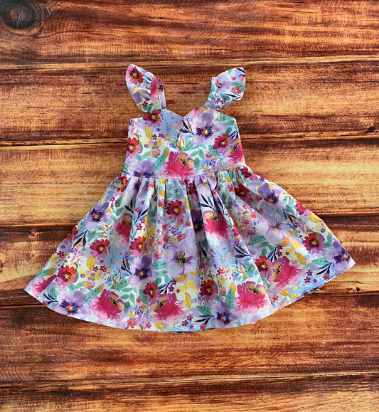 Baby Girls Flutter Sleeve Colorful Flowers Knee Length Dresses