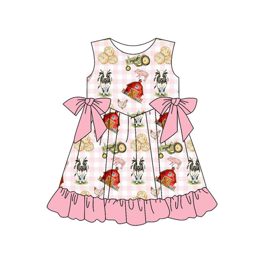 Baby Girls Pink Checked Farm Bows Ruffle Knee Length Dresses