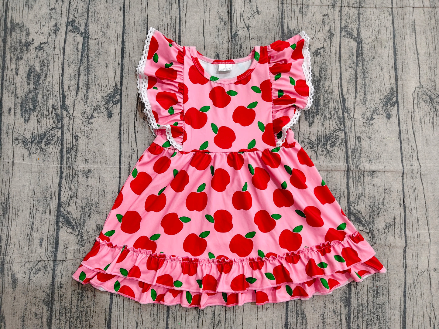 Baby Girls Flutter Sleeve Apples Back to School Ruffle Knee Length Dresses