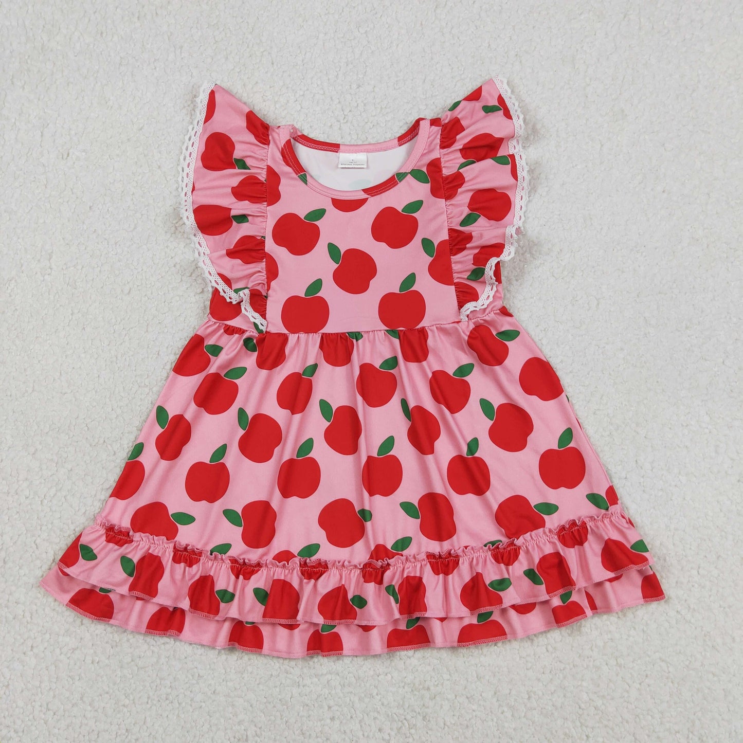 Baby Girls Flutter Sleeve Apples Back to School Ruffle Knee Length Dresses