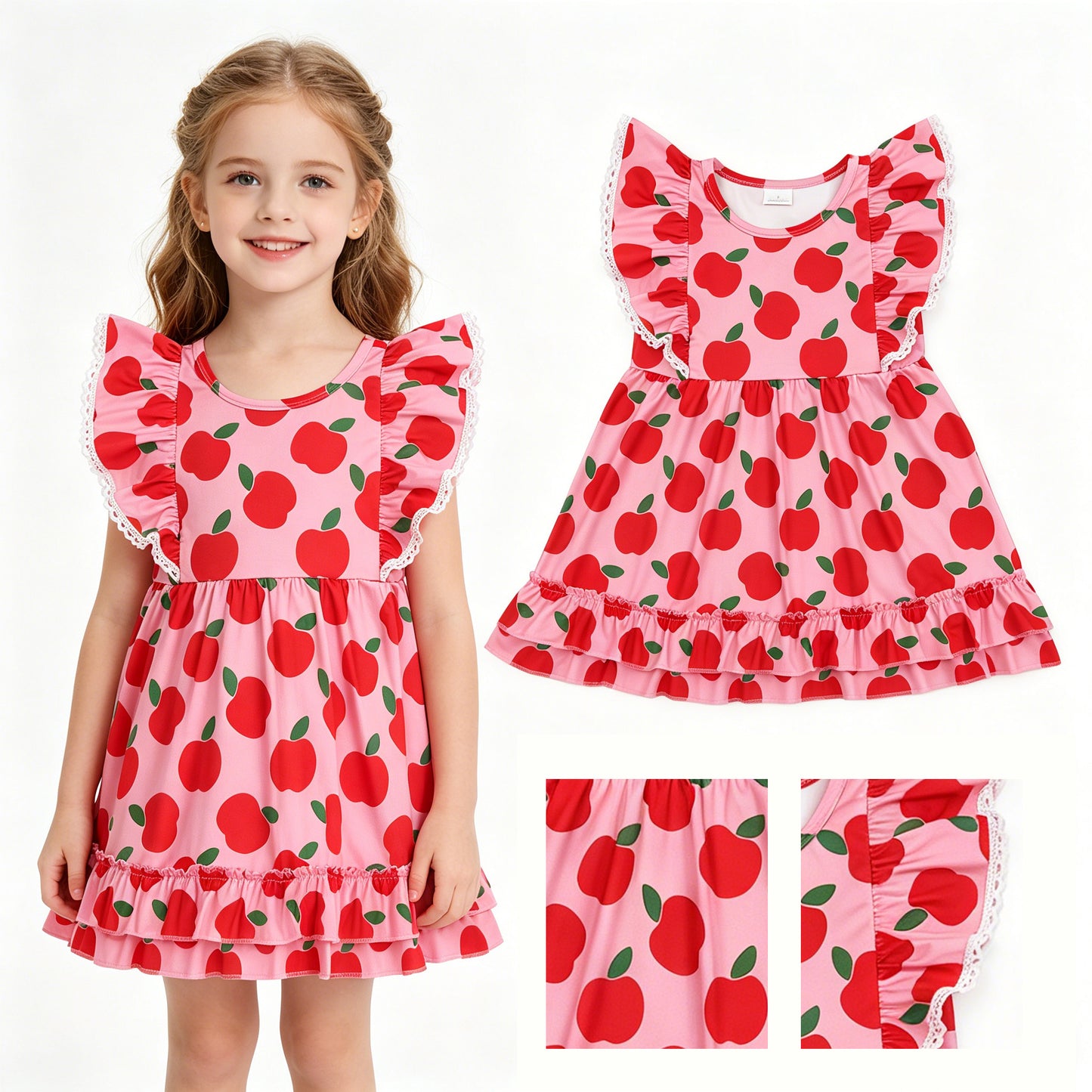 Baby Girls Flutter Sleeve Apples Back to School Ruffle Knee Length Dresses