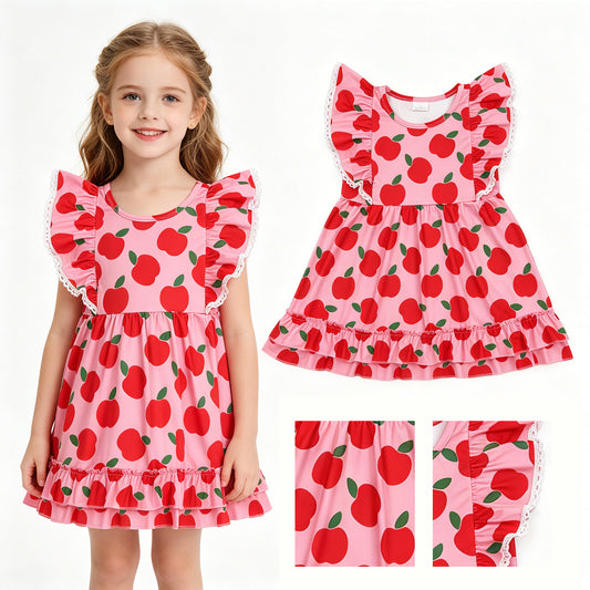 Baby Girls Flutter Sleeve Apples Back to School Ruffle Knee Length Dresses