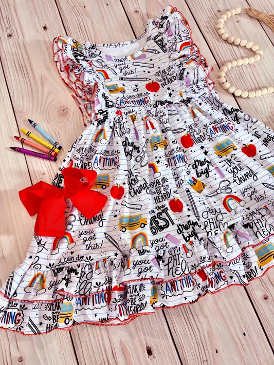 Baby Girls Flutter Sleeve Apples Pencils Back to School Ruffle Knee Length Dresses