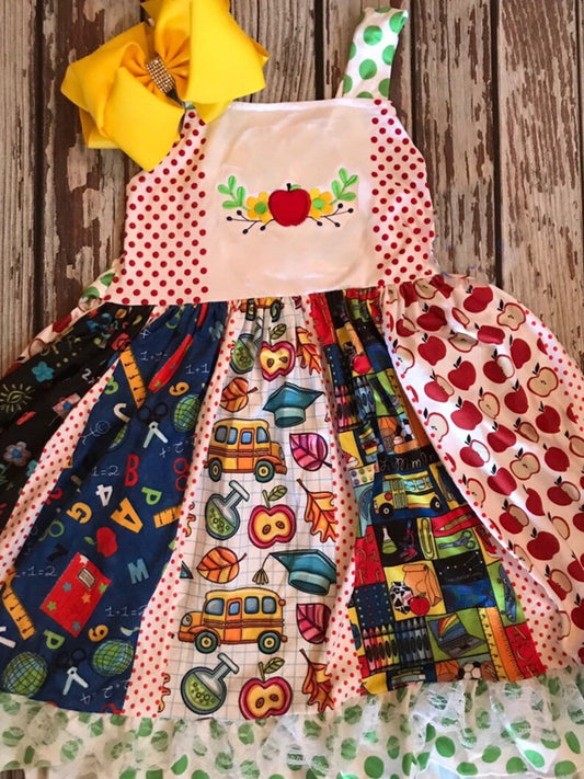 Baby Girls Strap Apples Polka Dots Back to School Ruffle Knee Length Dresses