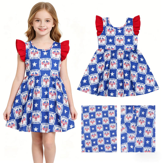 Baby Girls Flutter Sleeve Stars Flags Checked 4th of July Knee Length Dresses