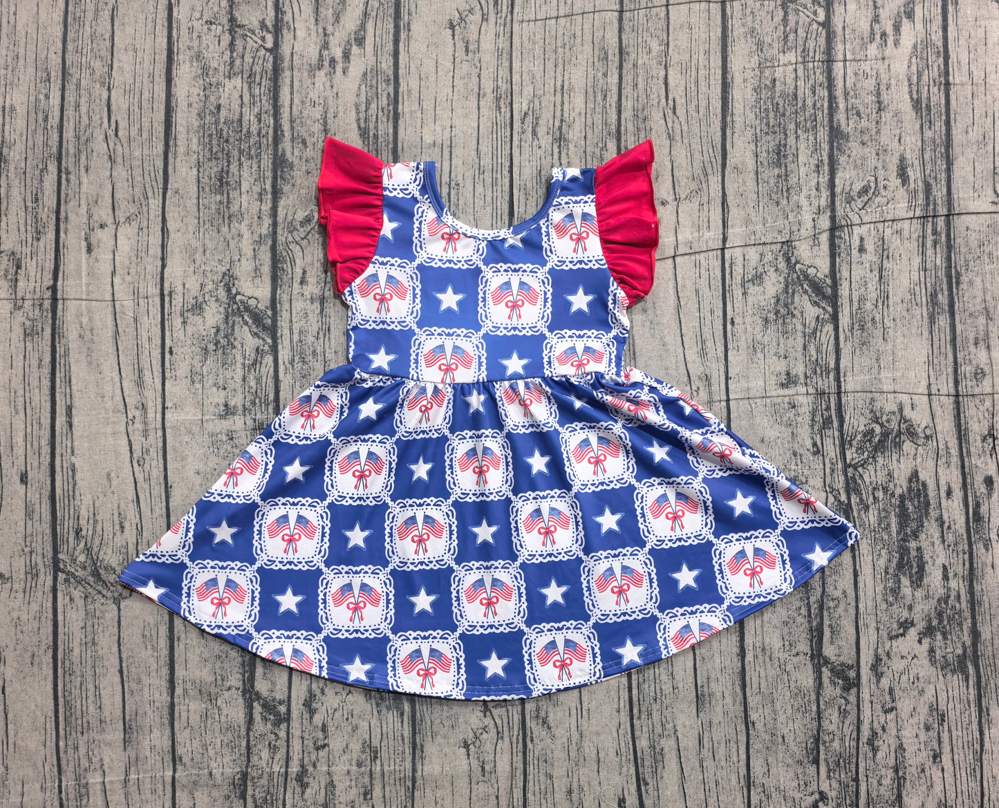 Baby Girls Flutter Sleeve Stars Flags Checked 4th of July Knee Length Dresses