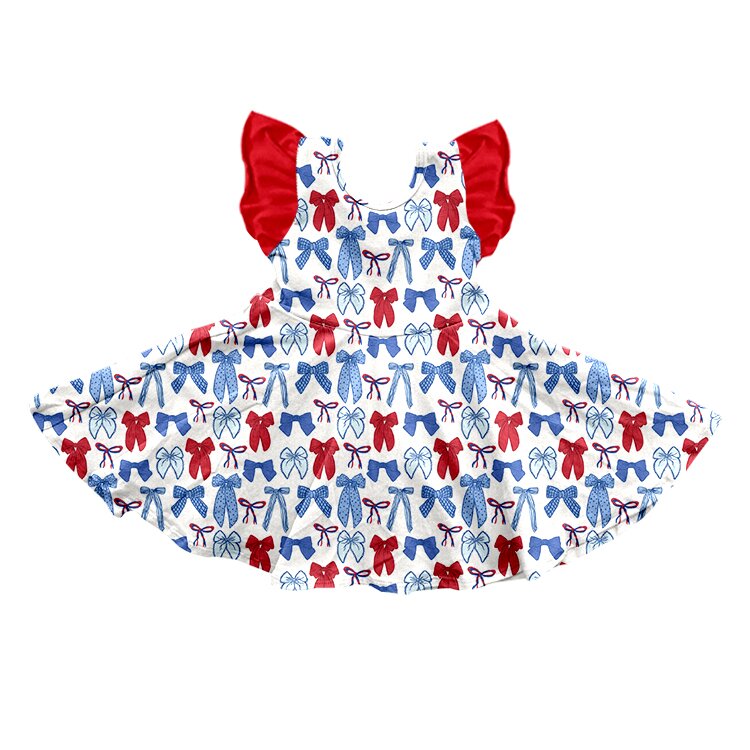 Baby Girls Red Blue Bows Plaid 4th of July Knee Length Dresses