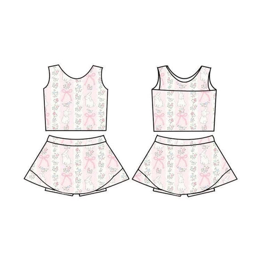Baby Girls Pink Flower Rabbits Stripe Vest Skirt Short Easter Yoga Active Clothes Sets Preorder
