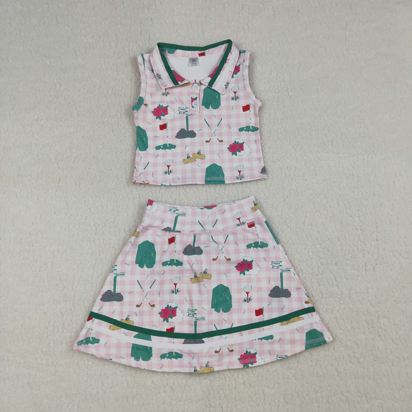 Sibling Baby Girls Pink Checked Flowers Golf Tunic Ruffle Skirt Shorts Set Rompers