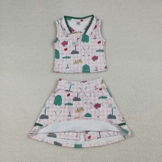 Baby Girls Pink Checked Golf Flags Button Top Skirt Short Yoga Active Clothes Sets