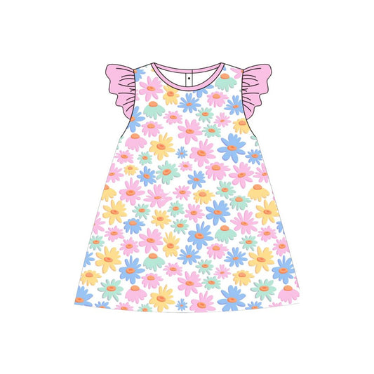 Baby Girls Flutter Sleeve Colorful Daisy Flowers Knee Length Dresses