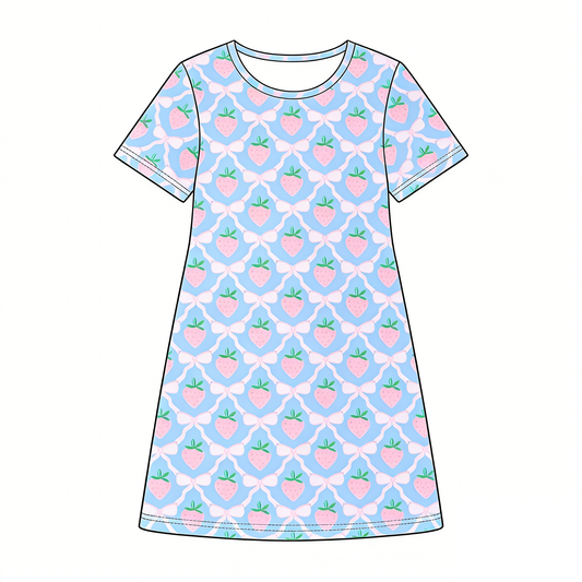 Baby Girls Short Sleeve Pink Bows Strawberry Checked Knee Length Dresses