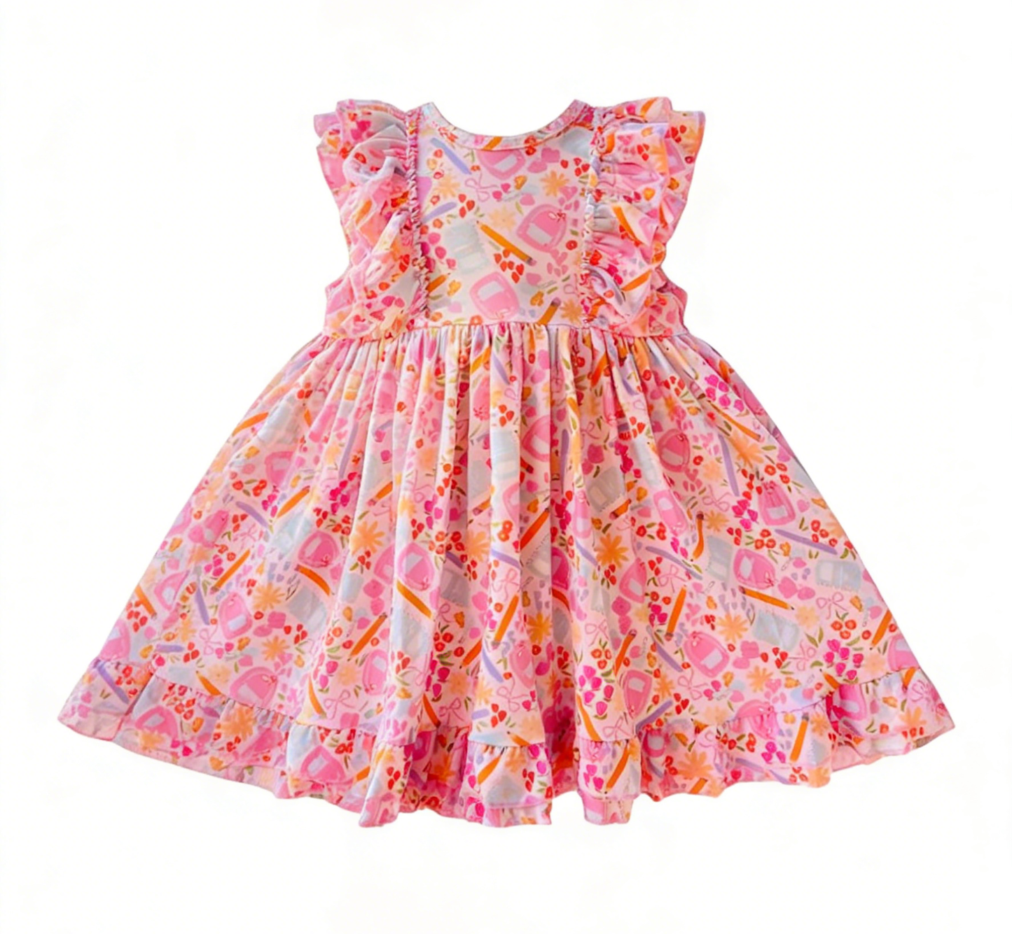 Baby Girls Flutter Sleeve Pink Flowers Pencils Back to School Ruffle Knee Length Dresses