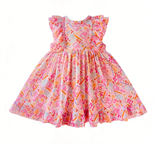 Baby Girls Flutter Sleeve Pink Flowers Pencils Back to School Ruffle Knee Length Dresses