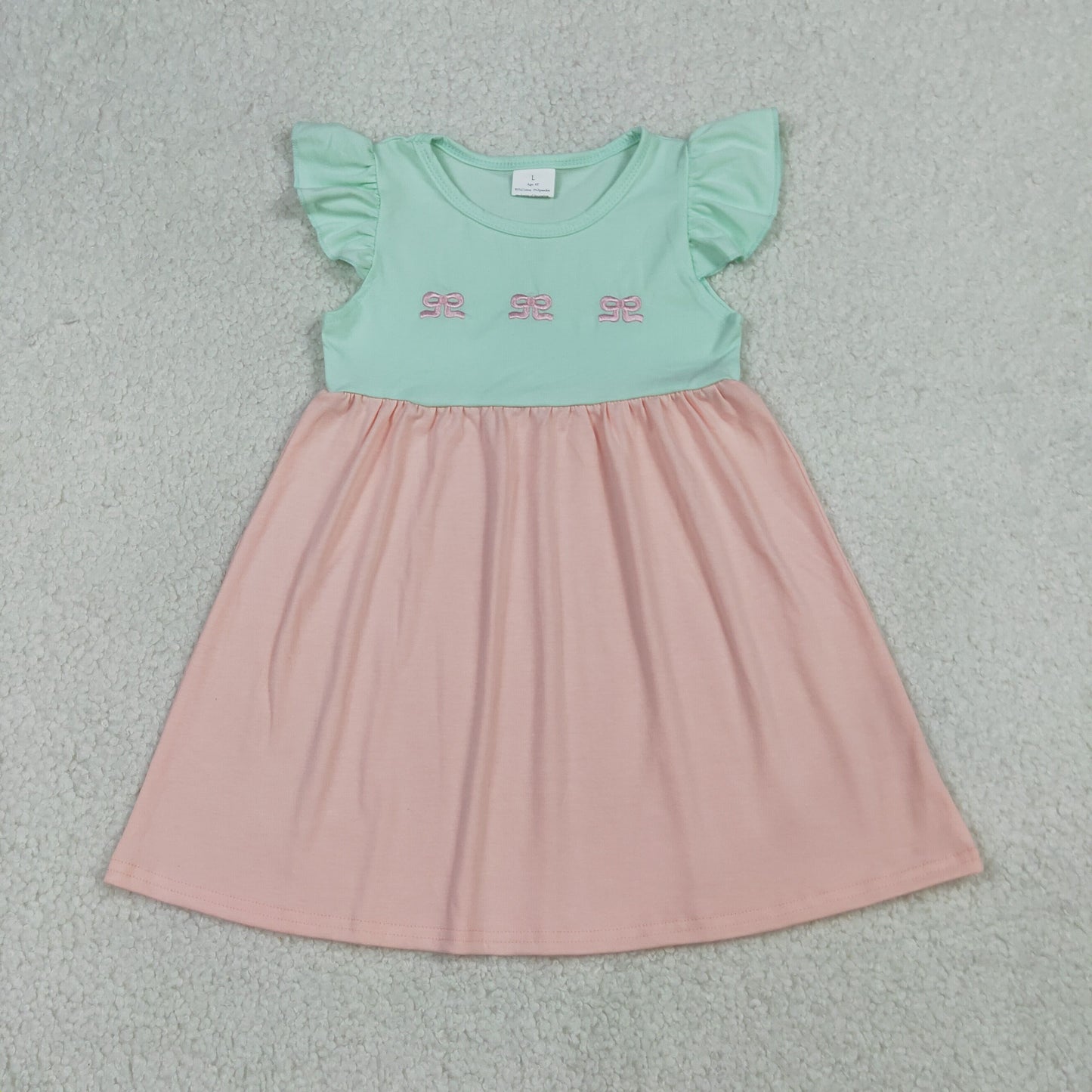 Sibling Baby Girls Flutter Sleeves Embroidery Bows Knee Length Dress Ruffle Rompers