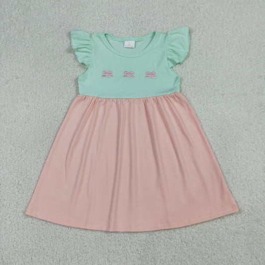 Sibling Baby Girls Flutter Sleeves Embroidery Bows Knee Length Dress Ruffle Rompers