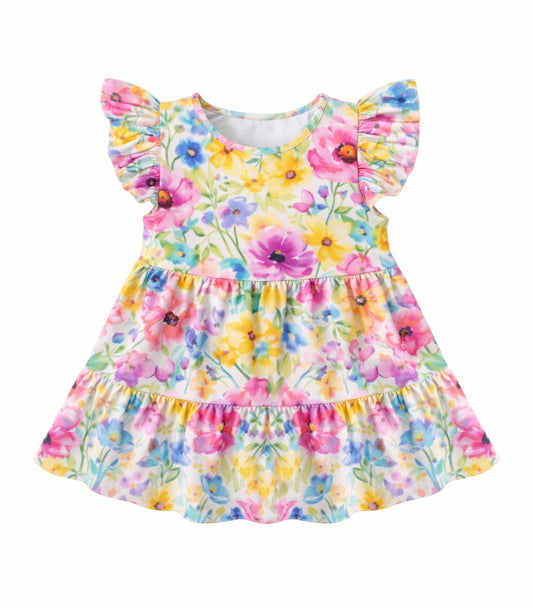 Baby Girls Flutter Sleeve Colorful Floral Patchwork Knee Length Dresses Preorder