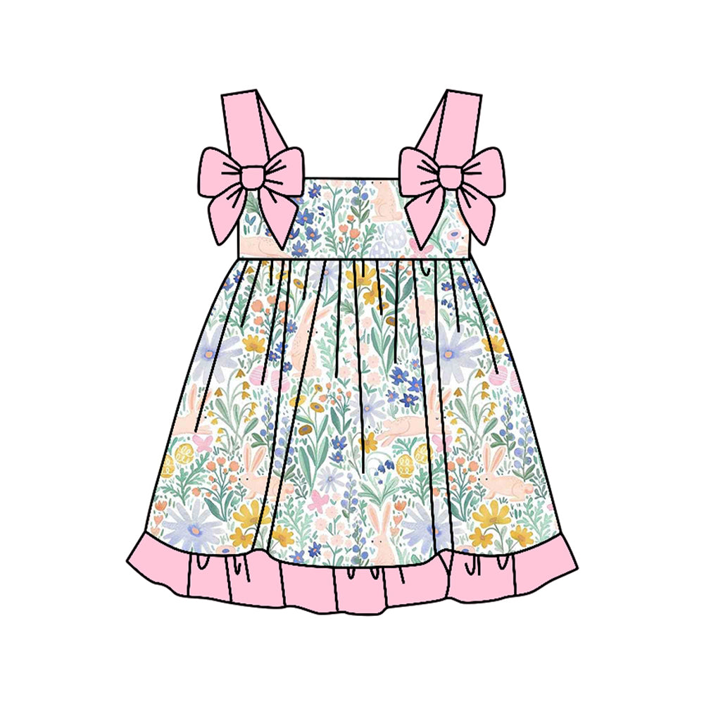 Baby Girls Bows Strap Colorful Floral Rabbits Easter Ruffle Knee Length Dresses Preorder