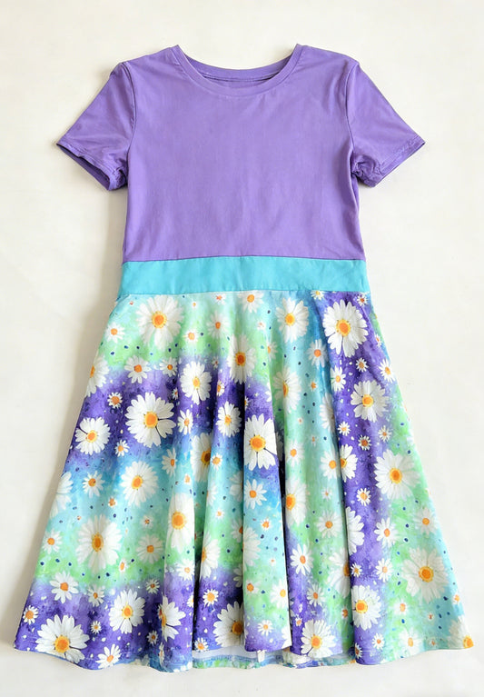 Baby Girls Purple Short Sleeve Daisy Flowers Knee Length Dresses Preorder